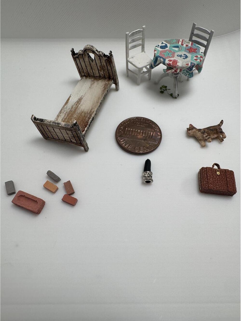 Mini Dollhouse Accessory Lot Bedroom Kitchen Cat Suitcase Candle Bricks Diorama